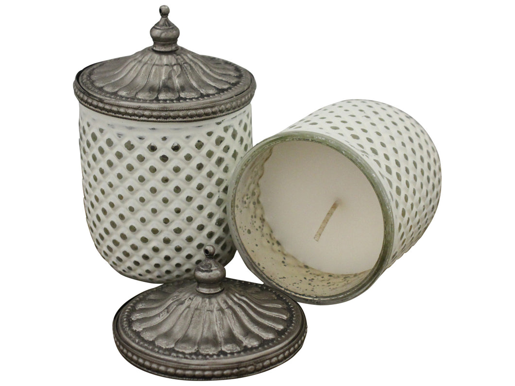 White Glass Candle with Silver Lid